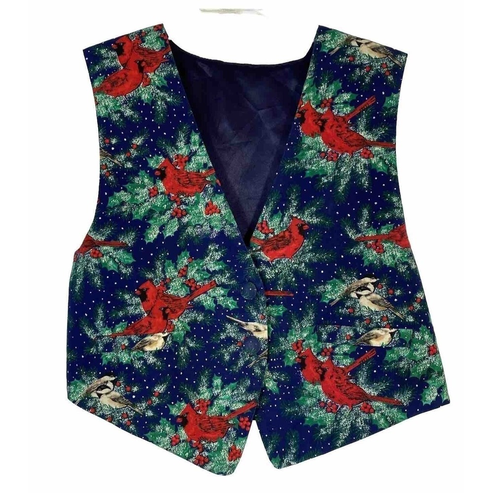 Cardinal Bird Print Holiday Vest Women S/M Navy Blue Christmas Winter Style